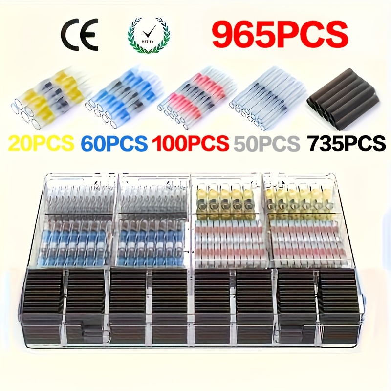 Image of 965pcs Durable Electrical Terminals Kit - Heat Shrink Splices, Solder Seal Wire Connectors & Tube Sleeves For Boats, Vehicles & Motorcycles - Secure And