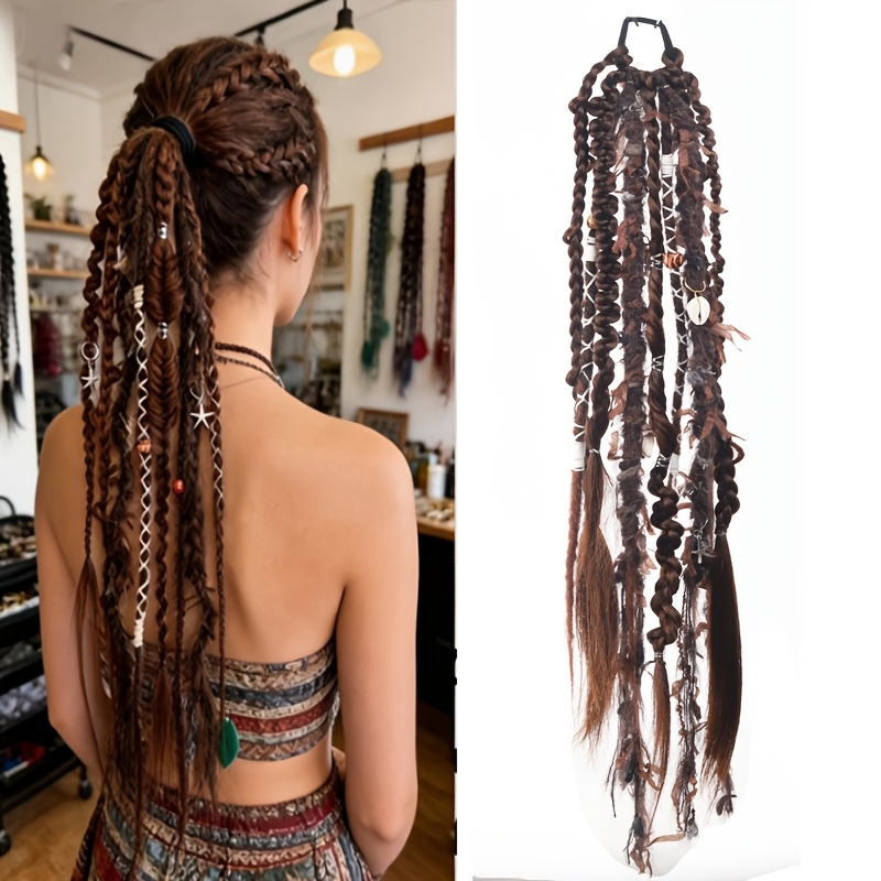 TEMU Colorful Handmade Wig Braids, Each Braid Is Unique, Elastic , Suitable For Daily Wear, Viking Style Braids, Ethnic Style Wig Braids