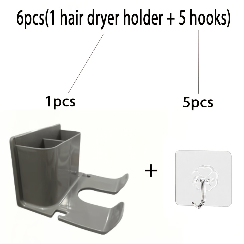 TEMU 6pcs (1pc Hair Dryer Holder And 5pcs Hooks) Wall-mounted Hair Dryer Holder, Space-saving Bathroom Storage Rack, Sturdy Structure, Suitable For