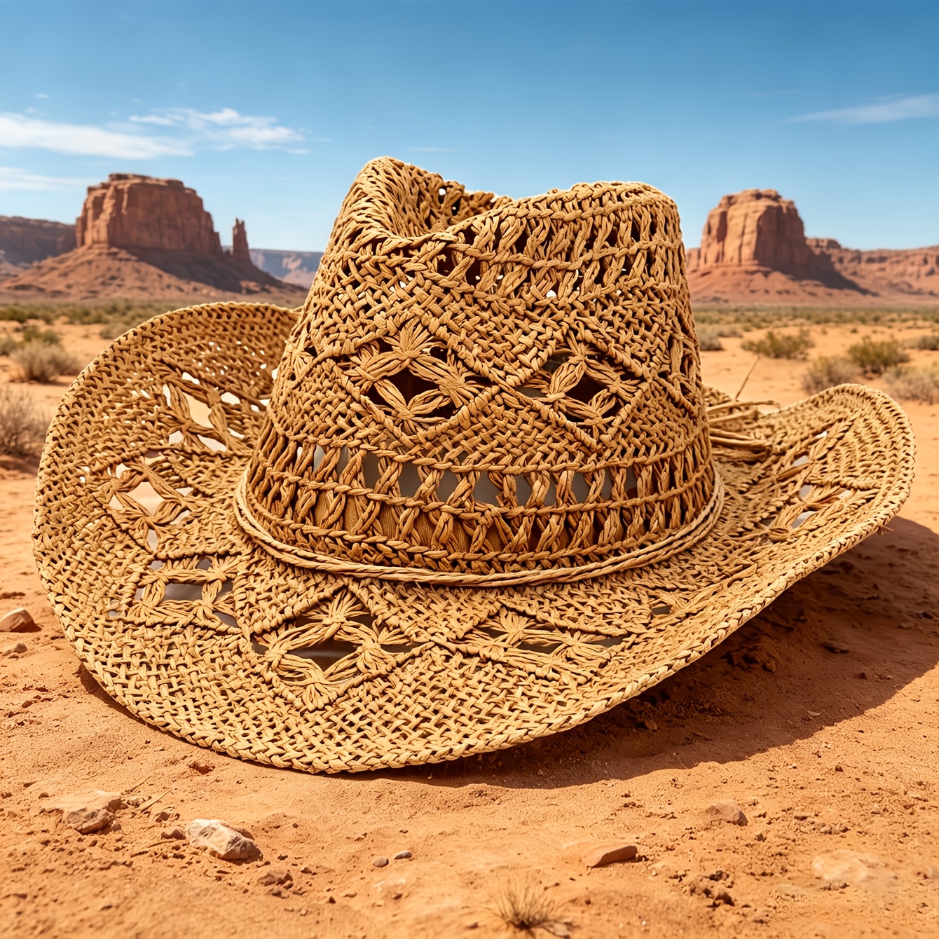 TEMU 1pc, Hollow-out Marigold Denim Cowboy Hat With Tie Cord Decoration, Unisex Style, Wide Brim Sun Hat, Western Cowboy Style Suitable For Desert