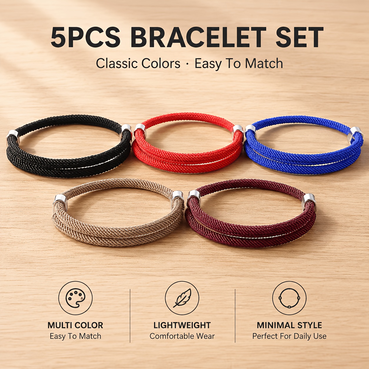 TEMU Lot de 5 bracelets minimalistes en corde tressée, multicolores et légers, bijoux pour tenue décontractée, fêtes, cadeaux de Saint-Valentin -