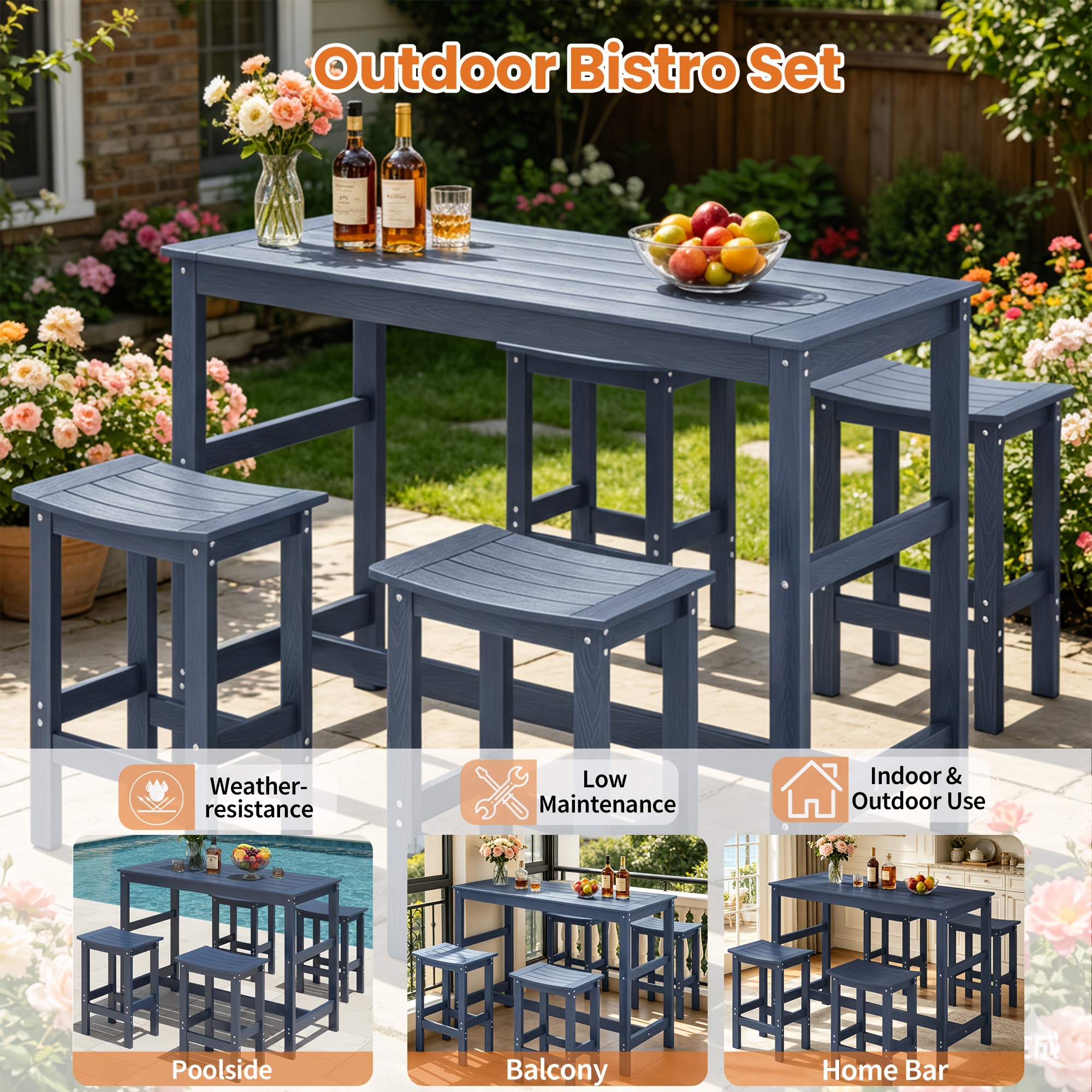 5pcs Outdoor Bar Table And 4-Chair Set, 55-Inch Rectangular High-Leg Bar Table with Stools, All-Weather Waterproof Patio Furniture, Easy to Assemble, Ideal for Patios, Balconies, Backyards, Porches, And Small Spaces