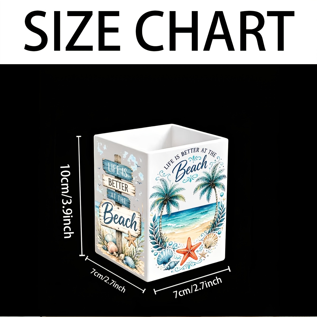 TEMU 1pc, Multi-functional Desktop Organizer Beach Theme Printed Pen Holder, Life On The Beach Is Better Pattern Decorative Pen Holder, Palm Tree