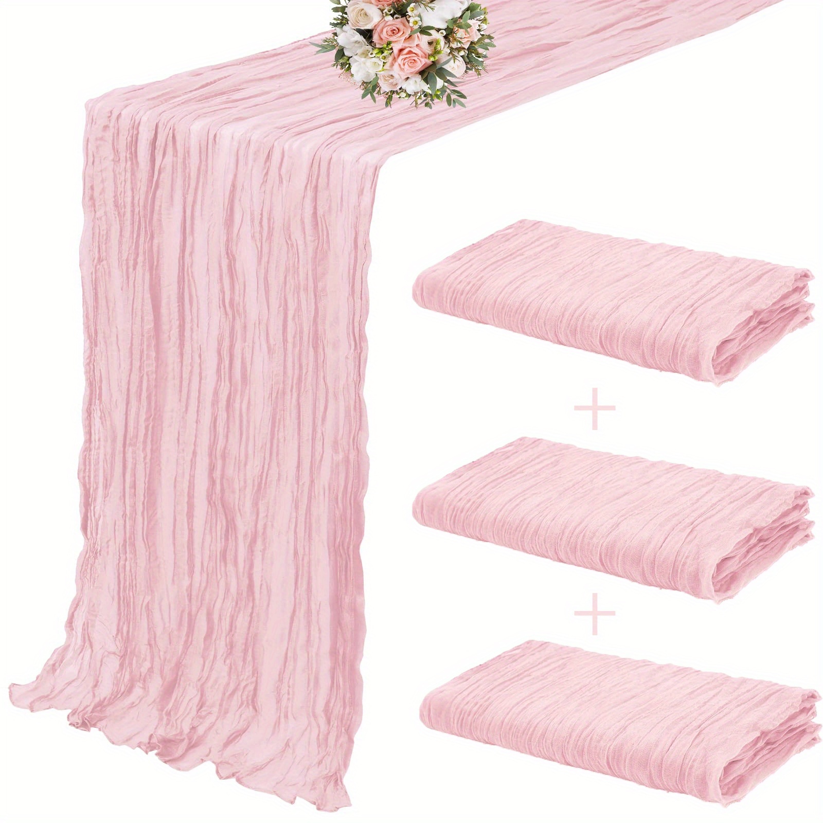 E-shop 3-teiliges Set hellrosa Kabeltischläufer, Tischläufer aus Käsegarn 35X70 Zoll (ca. 90 x 180 cm) Böhmischer Gaze Rustikaler, durchsichtiger