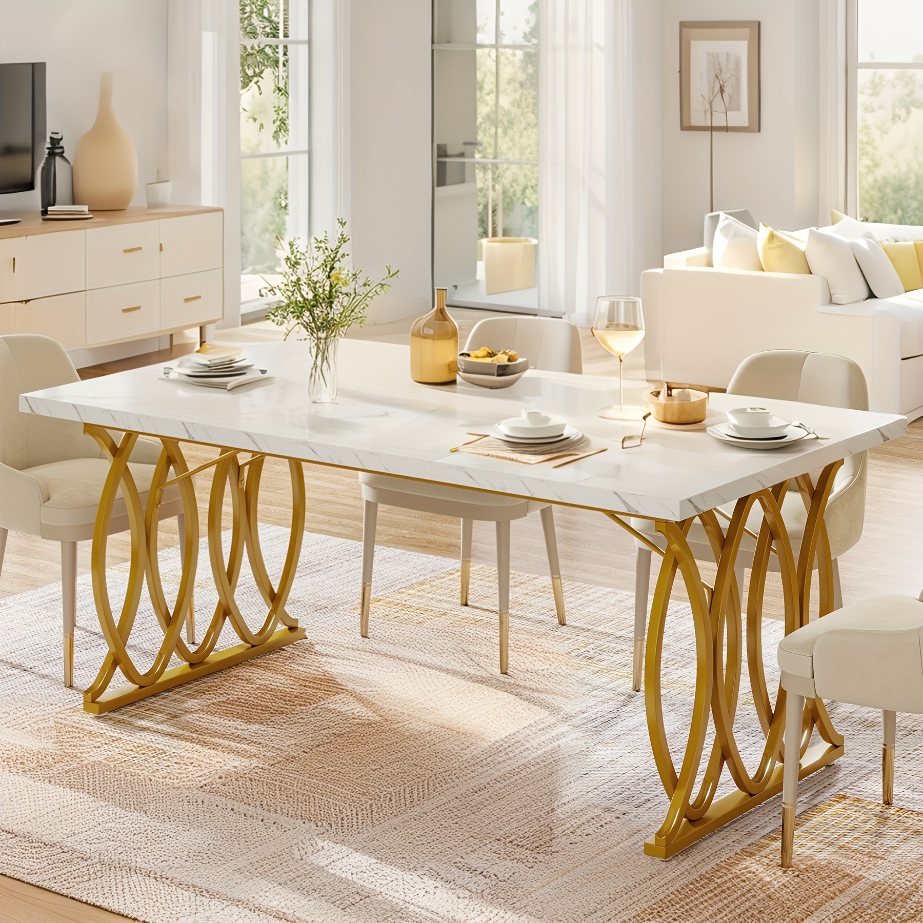 63" Large Modern Rectangular Dining Table For 4-6, Unique & Geometric Legs (only Table)(1pc)