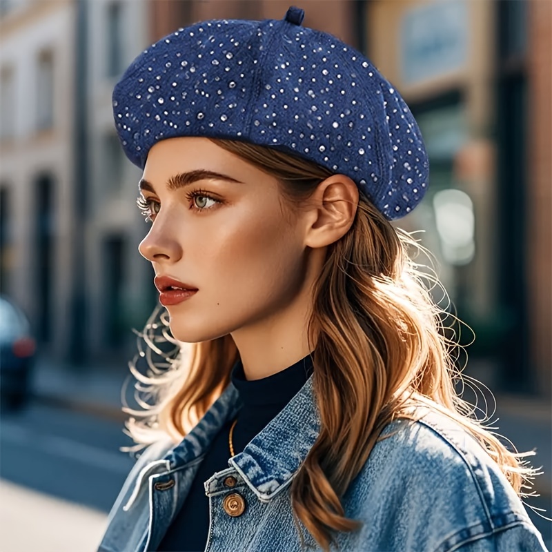 

Rhinestone Beret Cap For Women Blue Denim Washed Berets Lightweight Octagonal Hat Classic Painter Hats