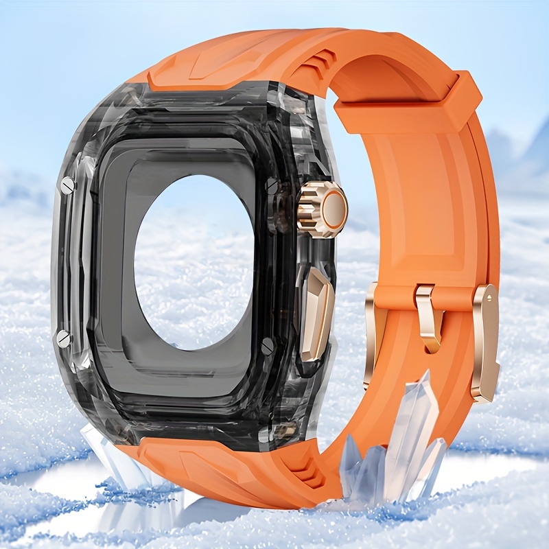 

Bracelet de montre en silicone avancé avec boîtier extérieur cool, unisexe, protecteur pour iWatch 44mm/45mm, taille 10.94in, antichoc, design sportif, orange