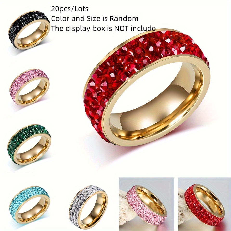 

Wholesale Lots 20pcs 3 Rows Color Rhinestone For Men Women Elegant Stainless Steel Gold Plated Rings Wedding Jewelry