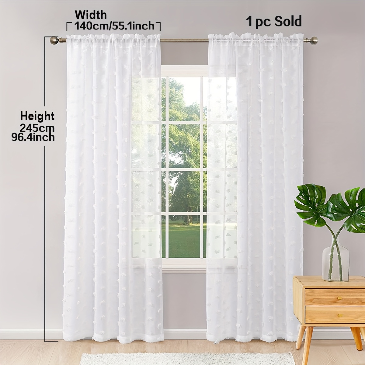 Image of 1pc Bean Yarn Ball Curtains, Minimalist Solid Color Tufted Sheer Curtain, Rod Pocket Top, For Living Room, Bedroom Decor