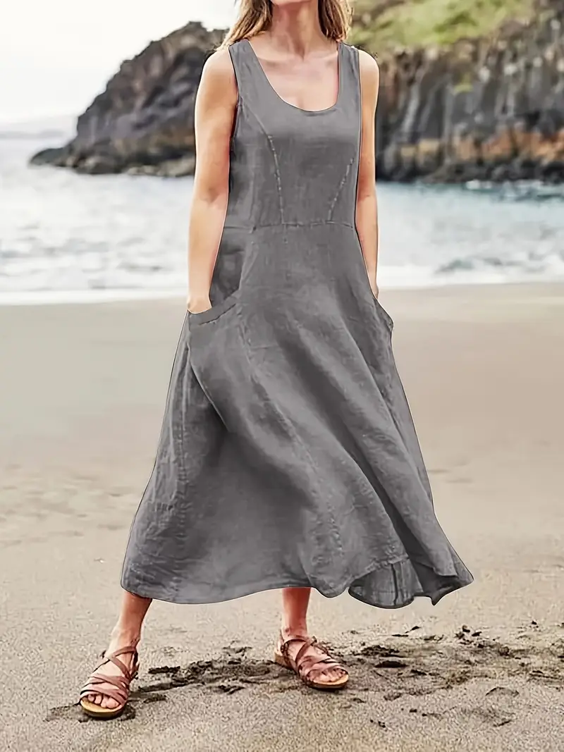 womens casual sleeveless cotton linen a line dress with pockets length round neck loose fit machine washable for spring summer fall summer fashion natural fabric details 12