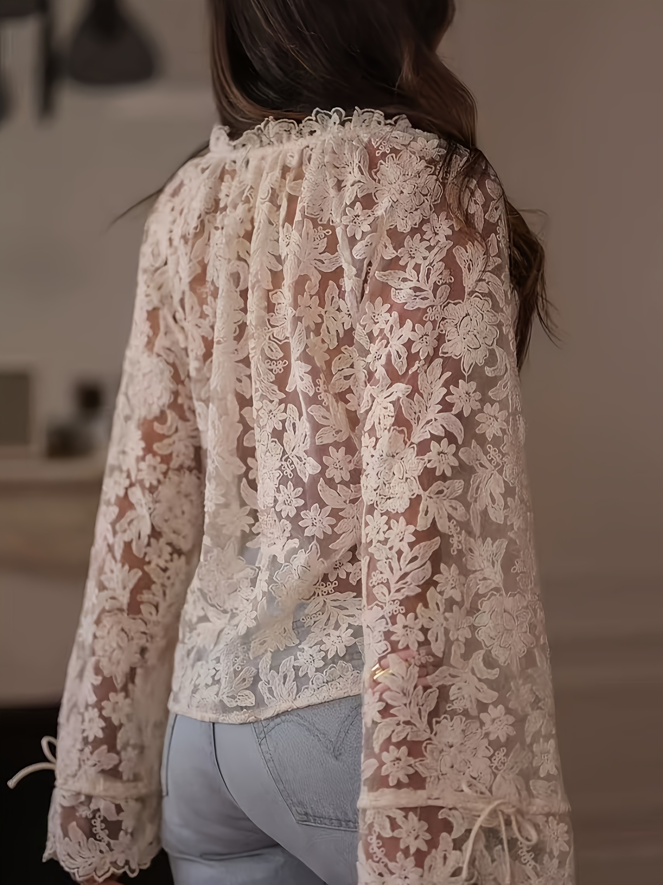 womens floral embroidered lace shirt semi sheer shoulder Temu