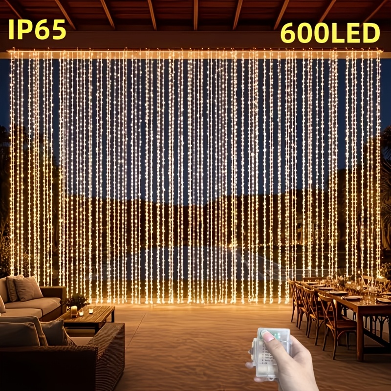 TEMU 1pack Led Fairy Curtain String Lights With 600 Led Bulbs, 8 Outdoor Curtain Lights, Decorative Lighting For Backyard, Wedding, Halloween,