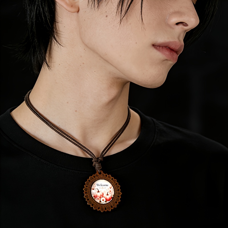 Warm Orange Pumpkin Flower Wooden Necklace, Retro Design