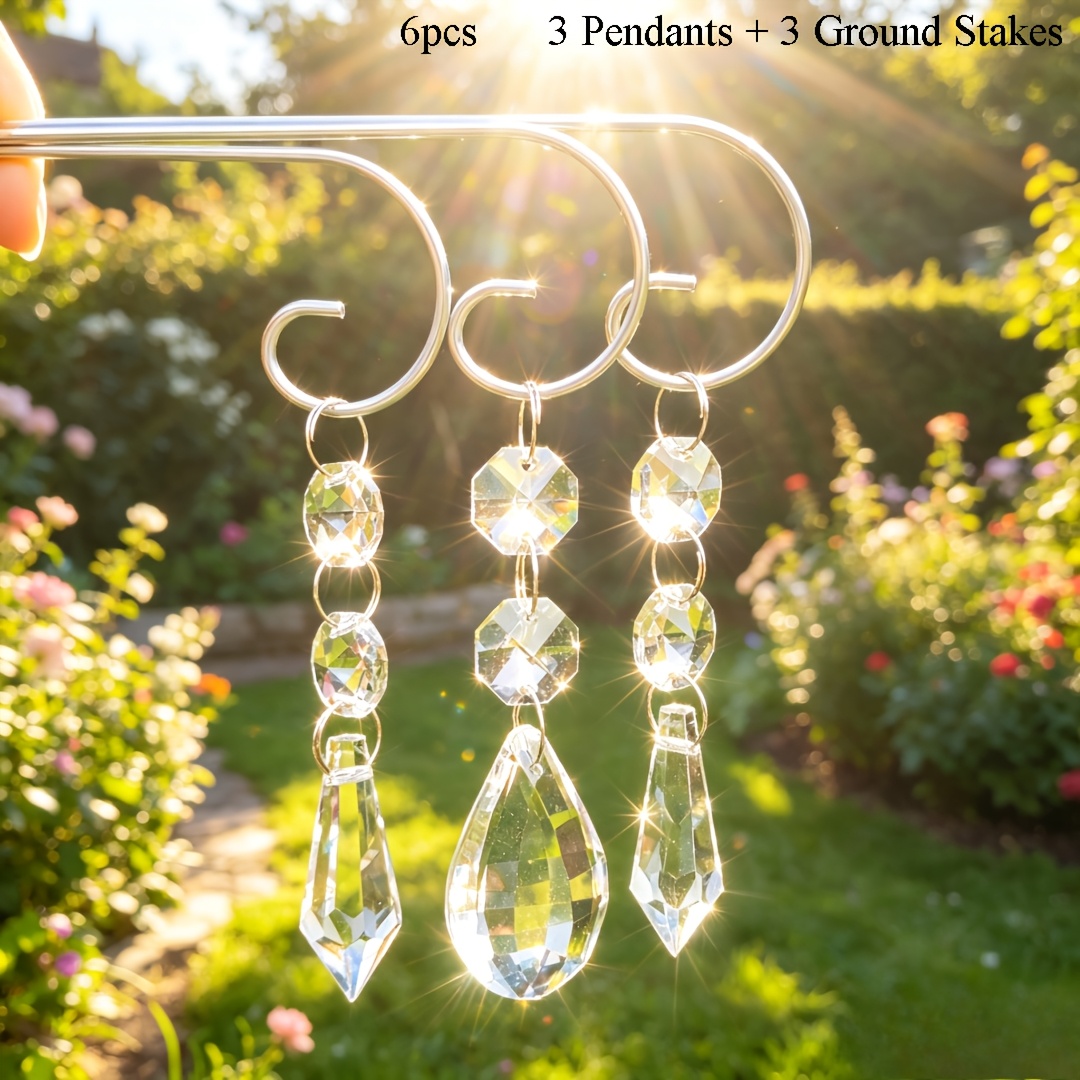 E-shop [3D] 6 Stk. moderne Sonnenfänger aus Kristallglas, geeignet für Innen/Außen – 3-Prismen-Lichtbrecher mit Stangenhalterung bunten ,