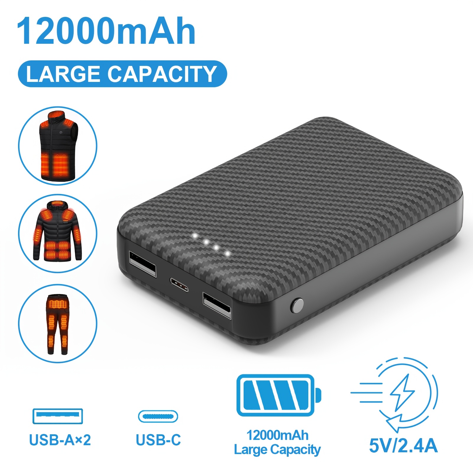 

12000mah Battery Pack For Vest - 5v 2.4a Power Bank For Jacket, Hoodie And Pants, Usb C Portable Charger Powerbank Compatible With /15/14/13/12/11 Pro/pro Max, Ipad, Samsung, Tablet And More.