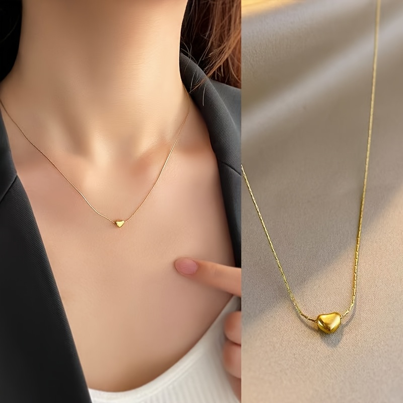 

Elegant Golden-tone Stainless Steel Bamboo Chain Necklace With Mini Heart Pendant - Minimalist Style, Ideal For Date Night Or , Perfect Valentine's Day Gift For Women