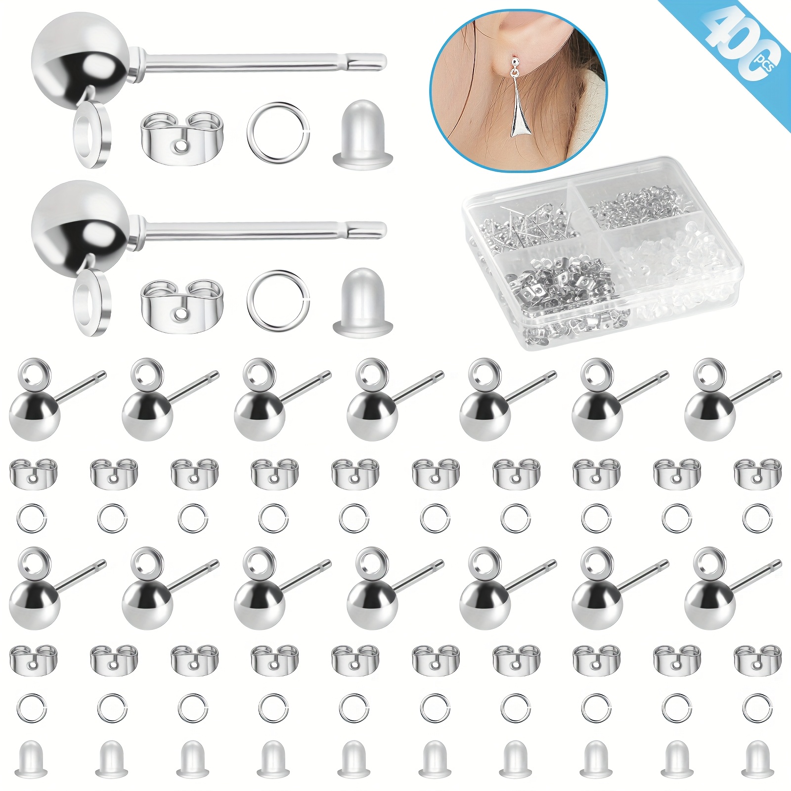Image of 400pcs Hypoallergenic Earring Making Kit, 50pcs 4mm Ball Post Earring Stud With 50pcs Back Earrings With 100pcs Jump Rings With 200pcs Silicone Earring Backs For Making Findings (silvery, Golden)