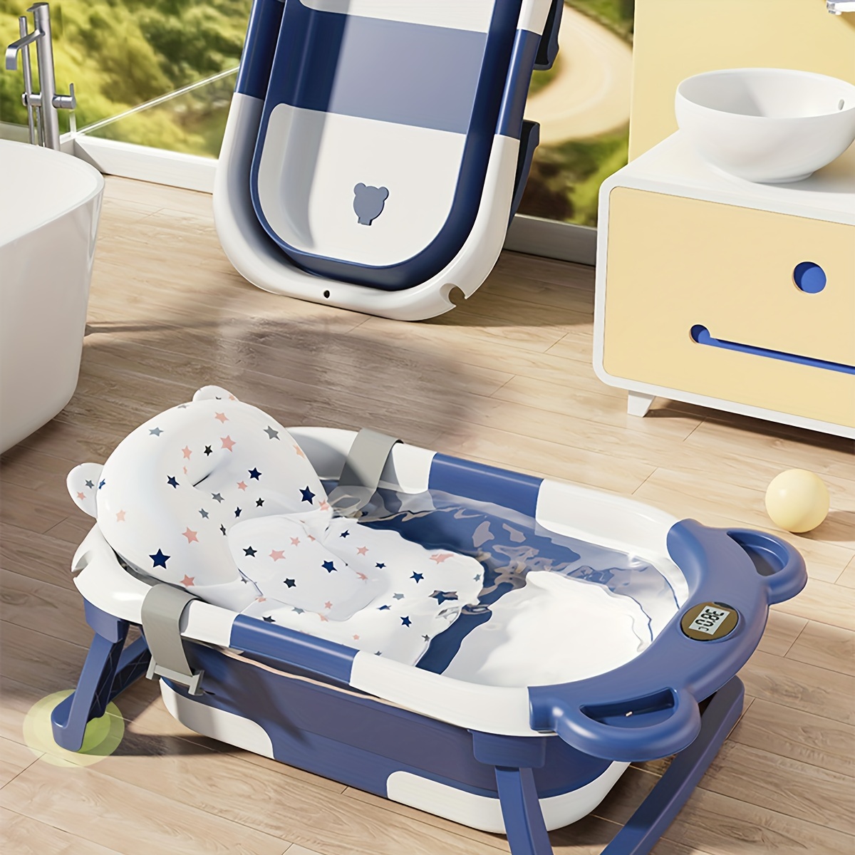 Bañera plegable para bebé recién nacido con termómetro y 1 cojín flotante  suave y 1 red de baño, bañera de viaje portátil con orificio de drenaje
