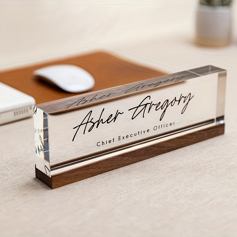 personalized acrylic nameplate with wooden base custom engraved   and name suitable for office desk teachers   high quality glossy   sturdy dark wood stand professional   accessory   signage elegant script clear visibility exquisite   corporate employee   acrylic desk accessories desk nameplate sleek   durable construction stylish design