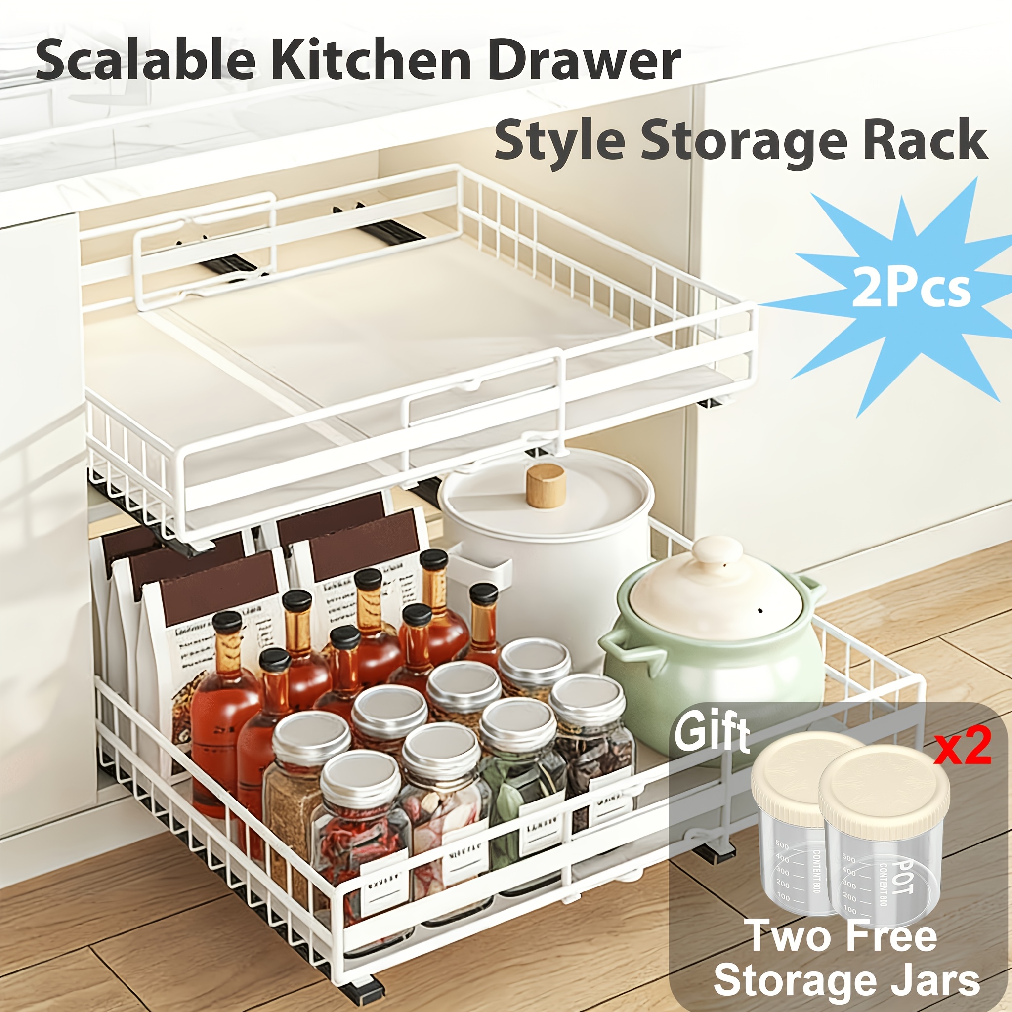 2pcs/1pc Adjustable Pull Out Cabinet Organizer, 3 Slide Rails Slide Out Drawers, , Adjustable Width, Suitable For Sinks, Cabinets, Pantry, Bathroom, Ideal For Kitchen Storage, Kitchen Organization