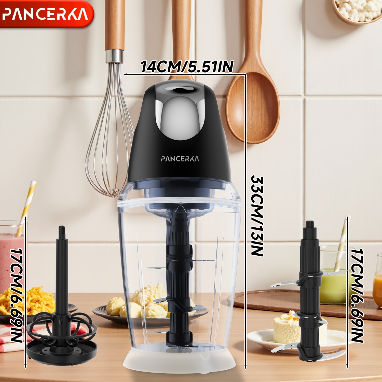 PANCERKA 1500ML elektrinis maisto smulkintuvas su mėsos malūnu, smulkintuvu, kiaušinių plaktuvas ir 6 ašmenimis, skirtas mėsai, kokteiliams, daržovėms, tyrėms, vaisiams, česnakams, didelis/mažas