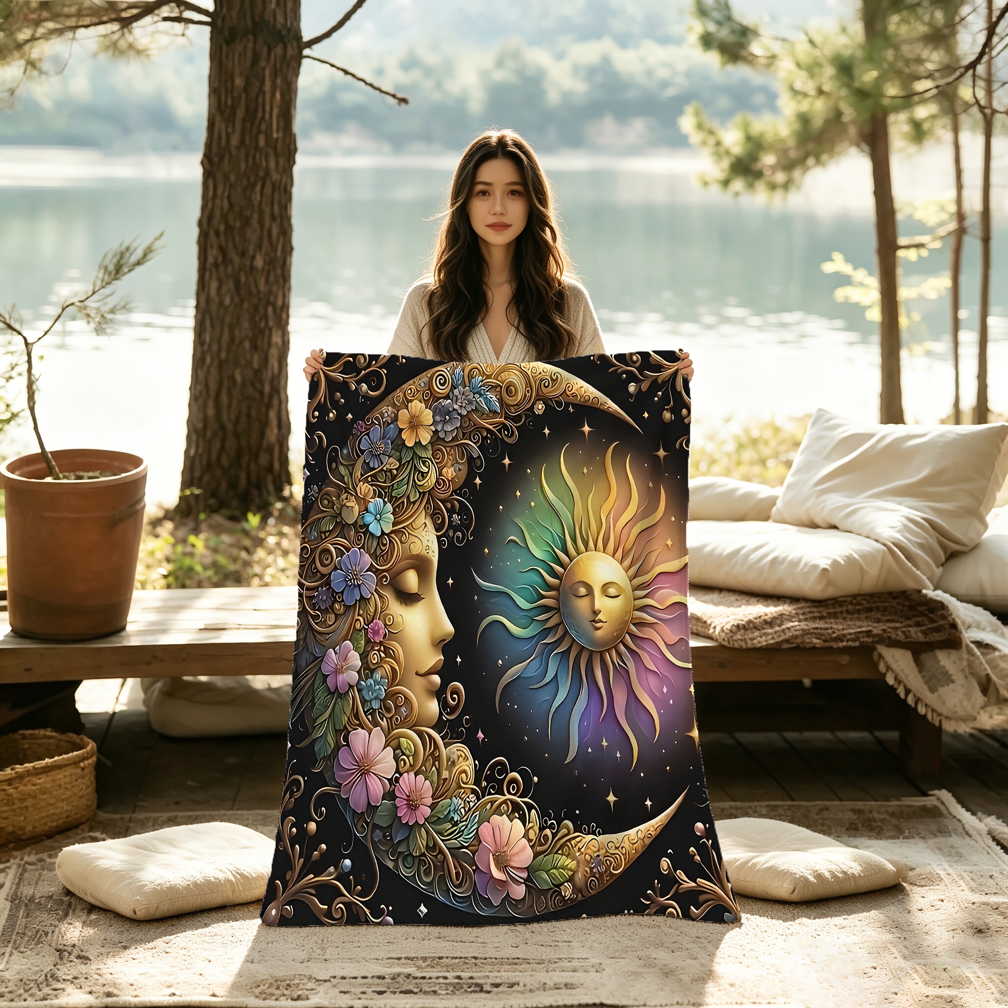 TEMU Bohemian Sun And Moon Flannel Blanket, 1pc, 2d Printed - Starry Sky Design With Floral Pattern, Lightweight Blanket For Sofa, Bed, Travel, Or