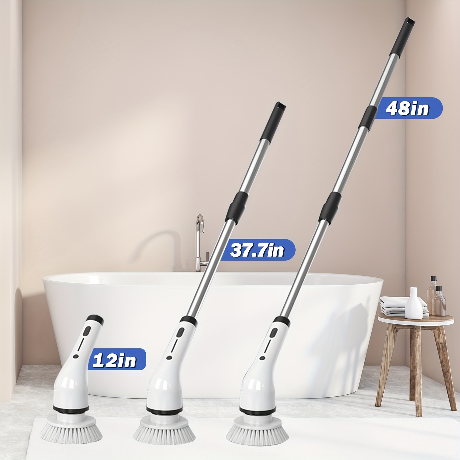 2026 electric spin scrubber dual adjustable   cordless adjustable detachable handle 8 replaceable brush heads up to 300 400rpm for floor bathroom tub tile Product details 3