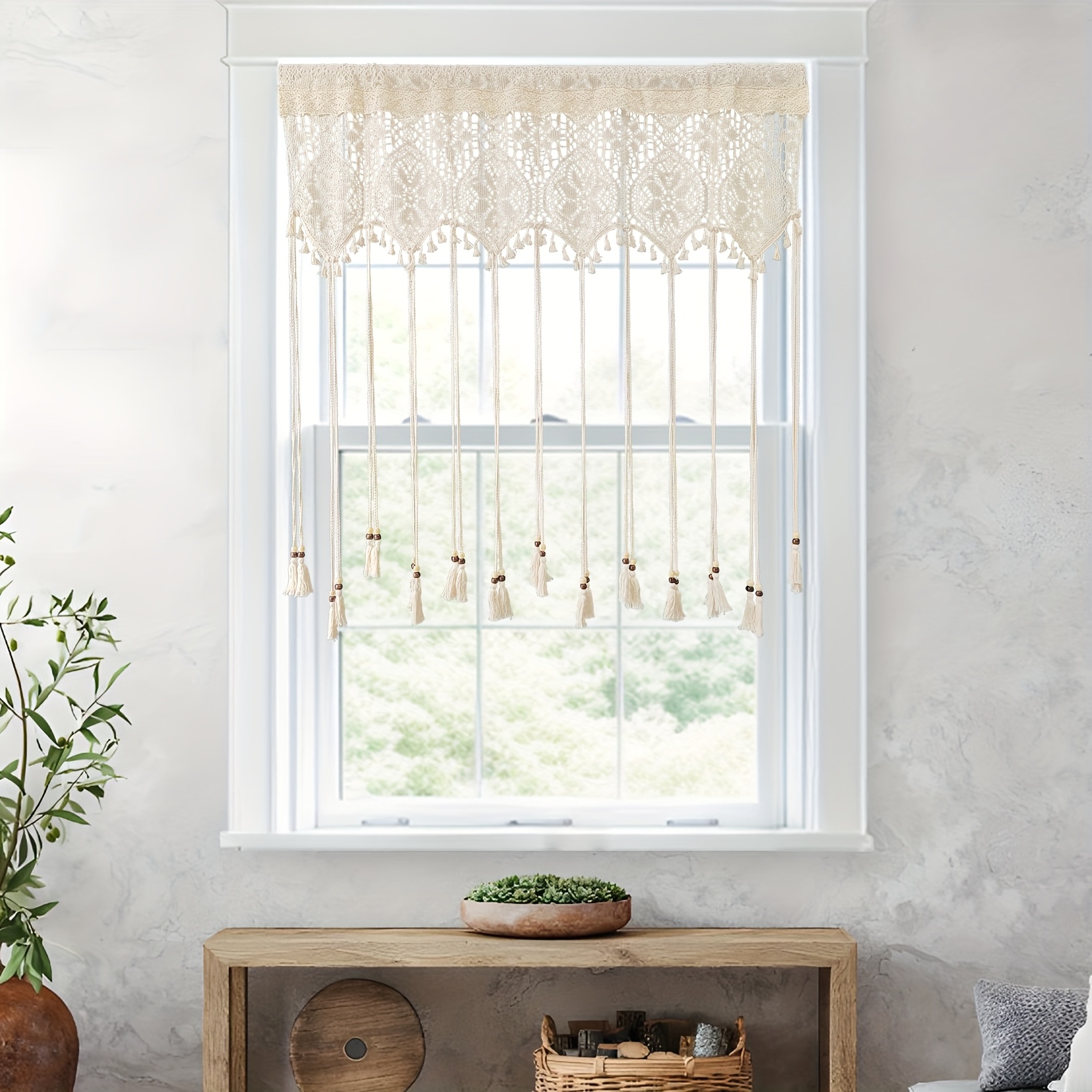 1 Panel Crochet Hollow Short Curtains Valance With Tassel Rod Pocket Kitchen Curtains For Coffee Shop, Farmhouse, Window Top Decoration