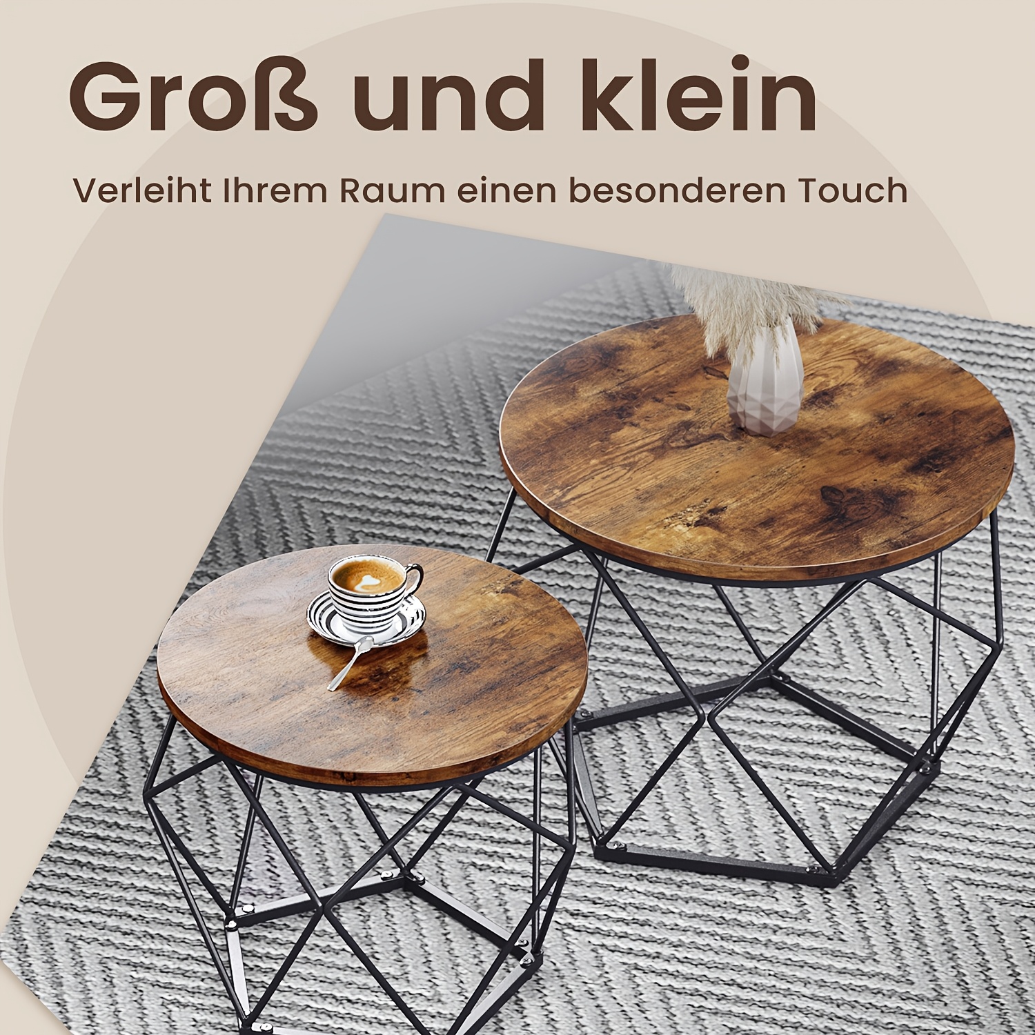 E-shop Runder Couchtisch, Set aus 2 Stück, Wohnzimmertisch, Beistelltisch, Modern, Abnehmbare Tischplatte, Wohnzimmer, Vintage