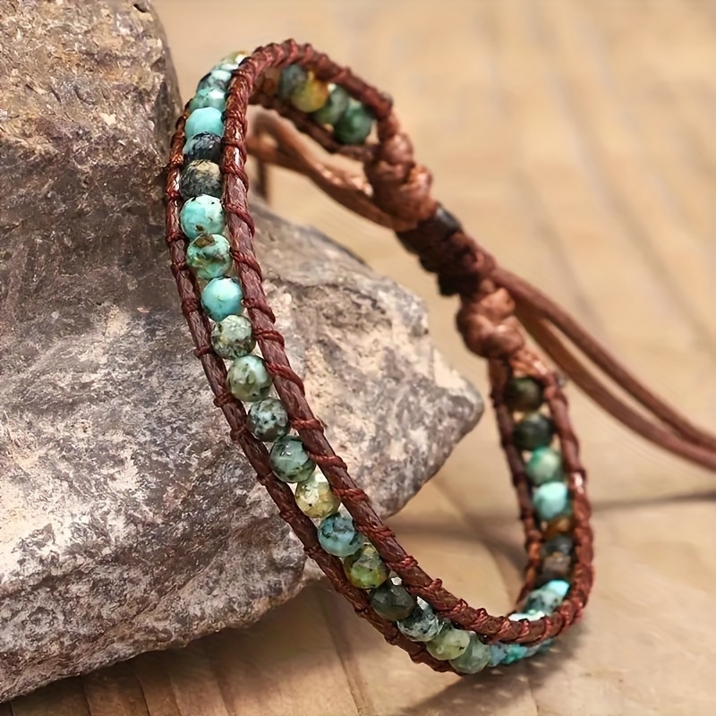 

Delicate Natural Stones Braided Bracelet Vintage Bohemian Style Adjustable Female Hand Chain For Summer Vacation