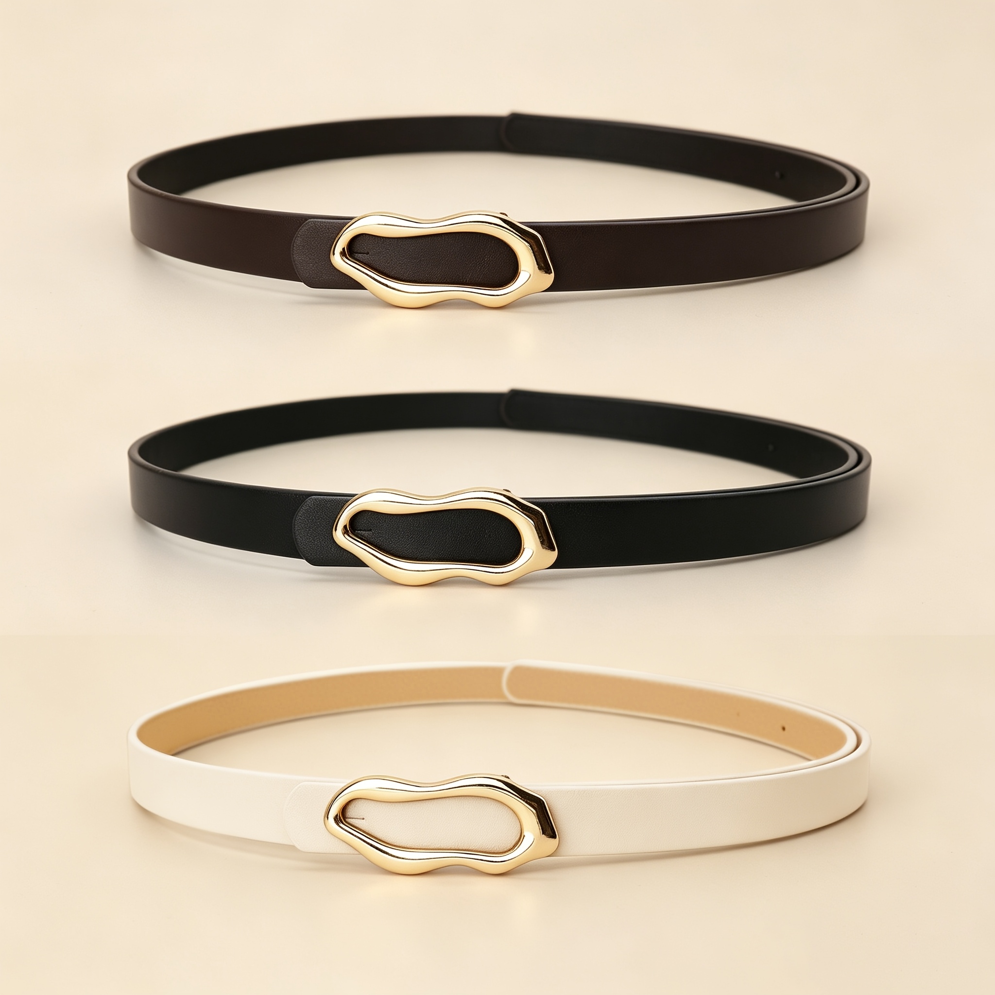 TEMU Minimalist Women's Narrow Belts, 3-pack Niche Irregular Wave Hollow-out Golden Multicolor Pu Waist Belts, Coat Skirt Aesthetic Waist-cinching