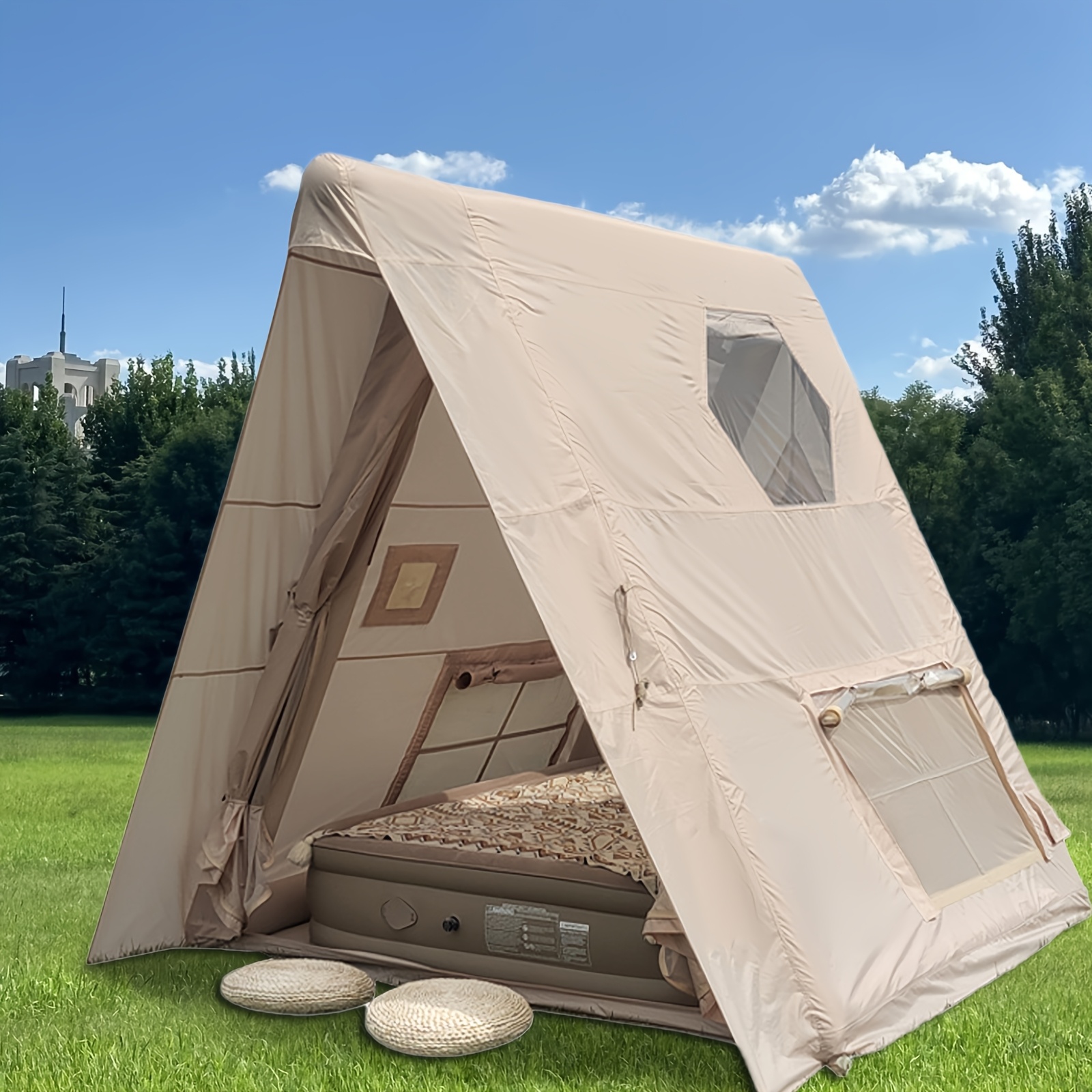 PAKICETUS 6-Person Inflatable Family Camping Tent with Wind-Resistant Triangular Structure & All-Weather Stability - Easy Setup, Spacious Floor Area, Clear Window Panels & Ventilation System, Portable Storage Bag Included, Durable & Sturdy Frame for Year-Round Use, Ideal for Family Camping, Hiking, Backpacking - Beige/Gray Color Options Available (Ideal for 6-Person Groups)