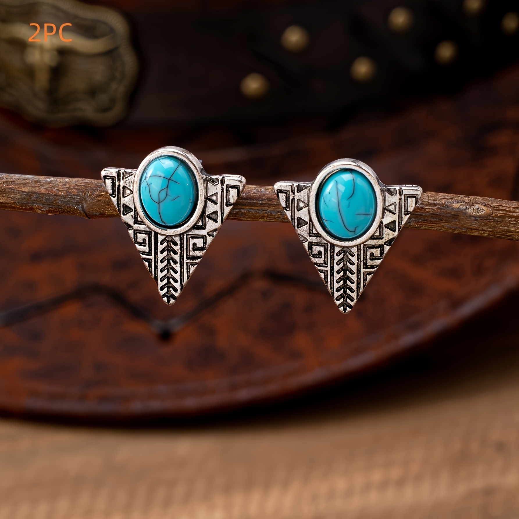 1 Pair Bohemian Ethnic Pattern Turquoise Triangle Women's Earrings Studs For Vacation Wear