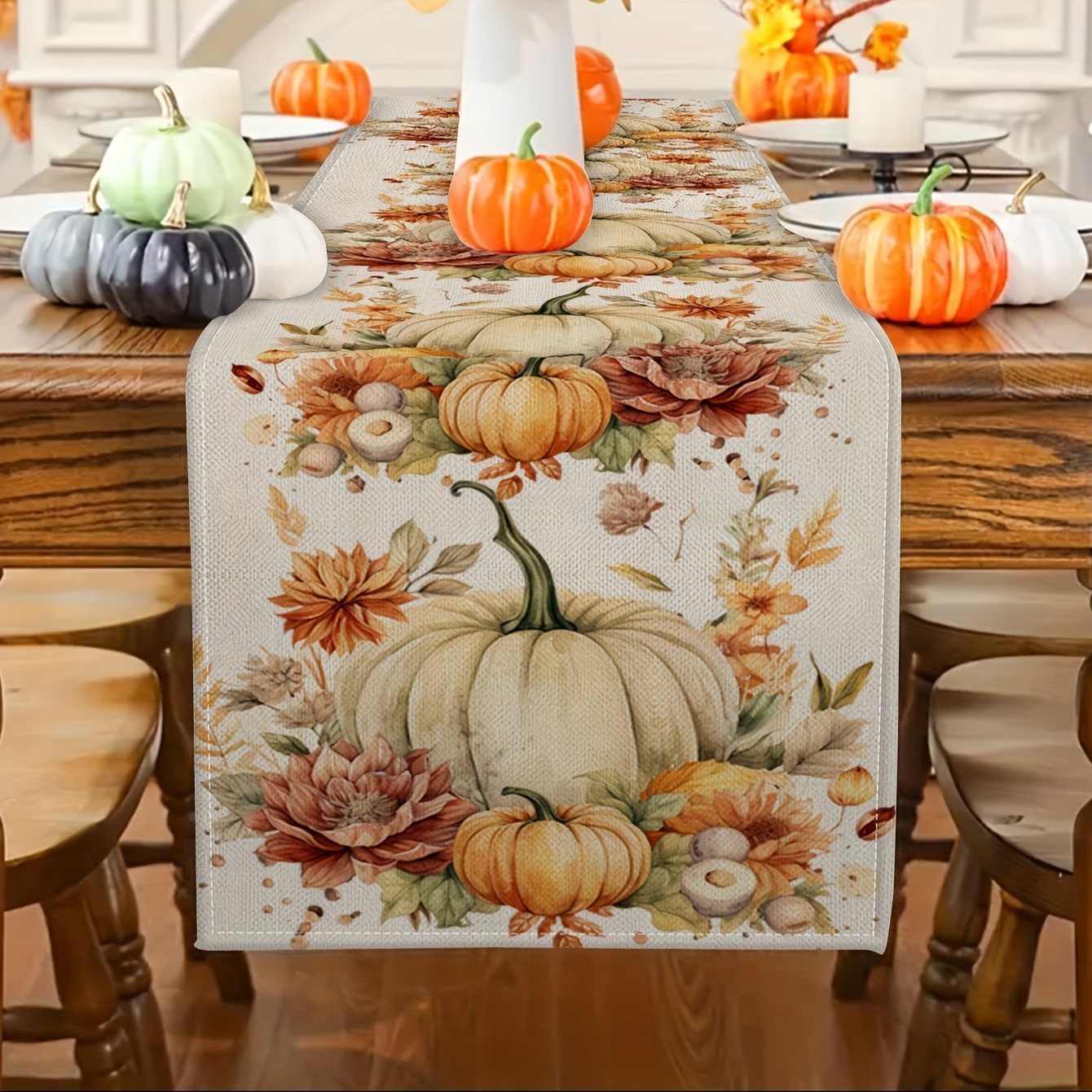 

Autumn Harvest Linen Table Runner - Thanksgiving Pumpkin And Fall Leaves Design, 100% Knit Linen Rectangle Table Runner For Indoor And Outdoor Thanksgiving Decorations And Seasonal Party Supplies