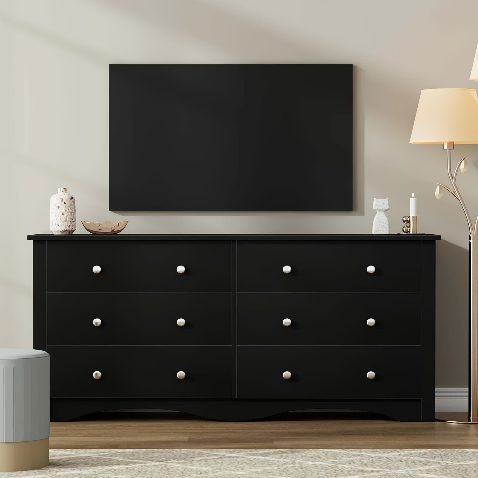 

1pc 6 Drawer Tv Cabinet, Modern Wooden Chest Of Drawers, Black