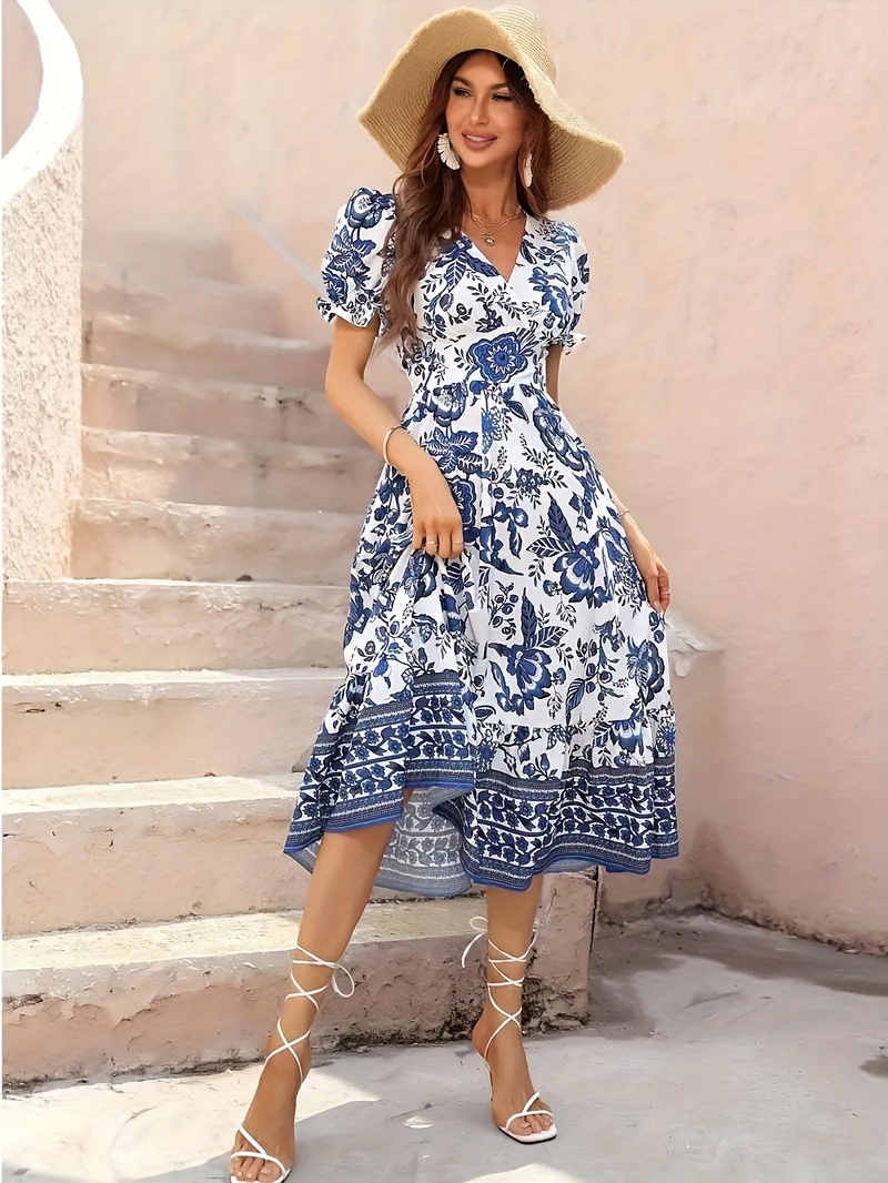 v neck floral print a line dress breathable flowy short - Temu