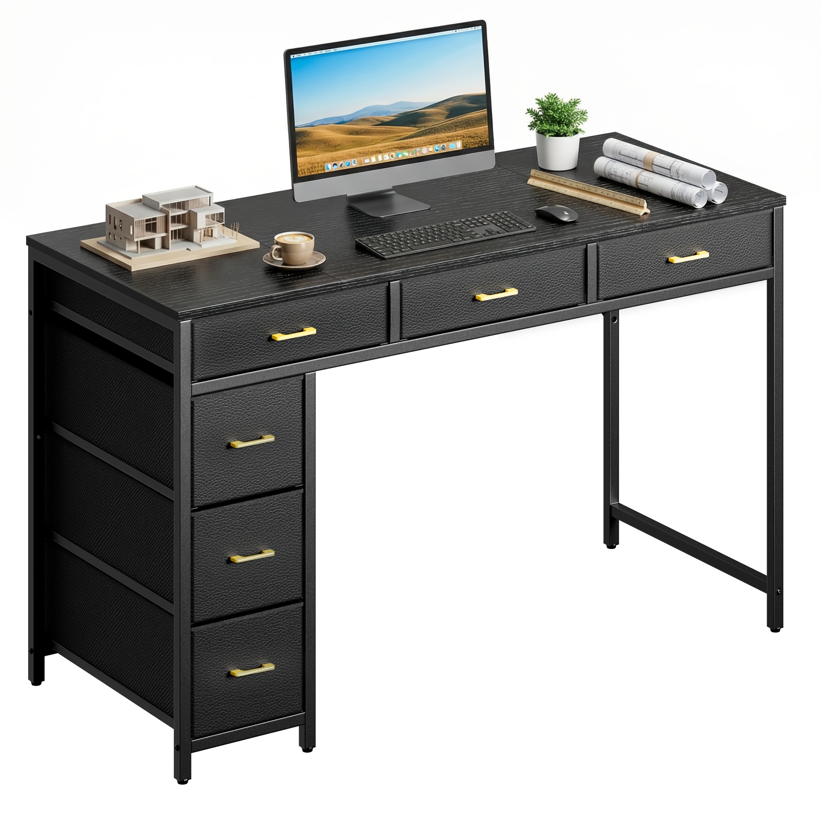 6-drawer Computer Desk, 47-inch Office Desk With Storage, Black/brown/white/gray Modern Wood Writing Desk, For Home Office, Bedroom, Gaming, Study