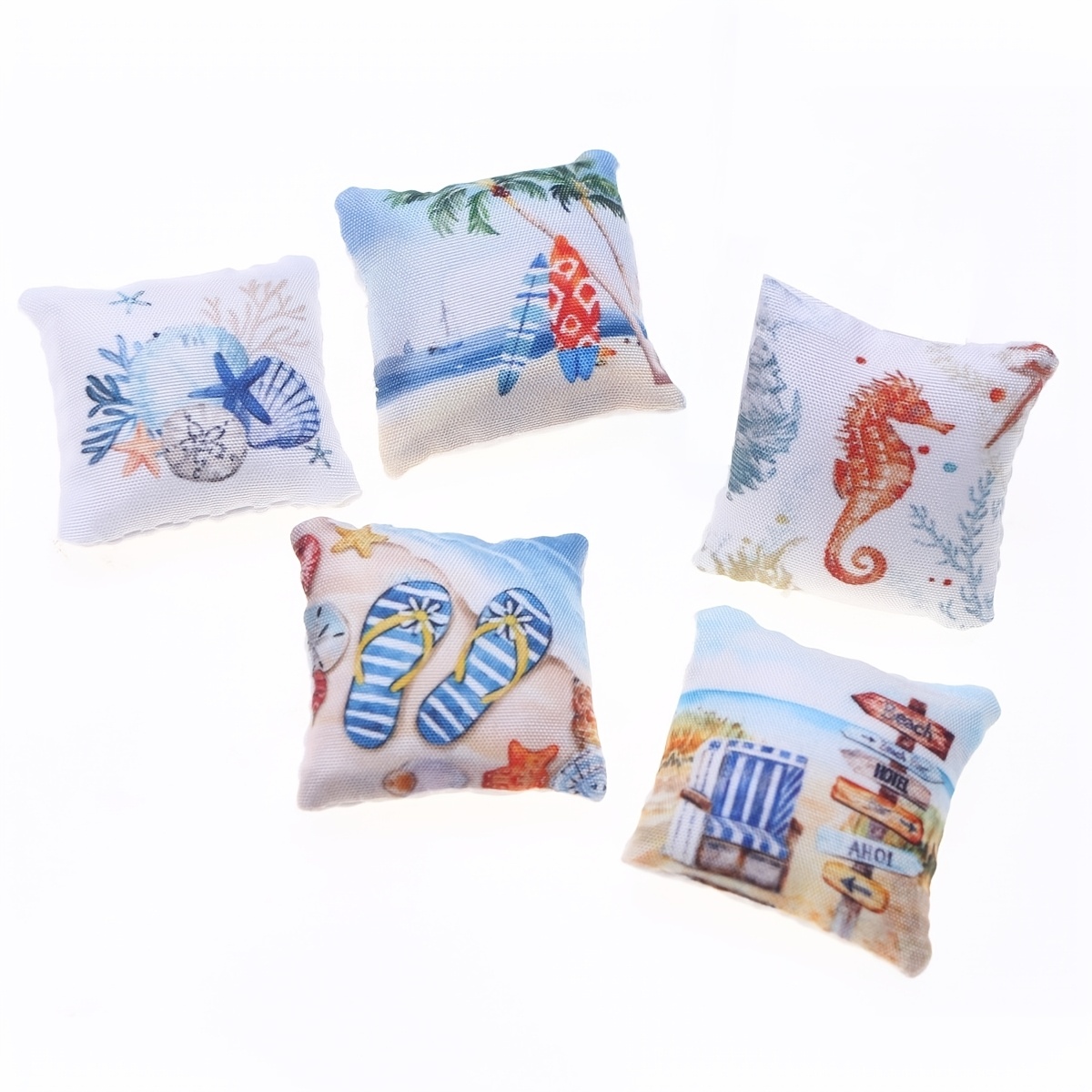 5pcs Dollhouse Mini Summer Ocean Beach Throw Pillow Models, A Collectible Gift For Hobbyists And Enthusiasts