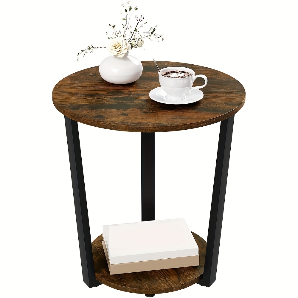 Image of 1pc Round Coffee Table, Modern Side Table, Small Table For Living Room, Sofa Table With 2 Shelves, Sofa Table For Living Room, Bedside Table With Storage Space, Made Of Wood
