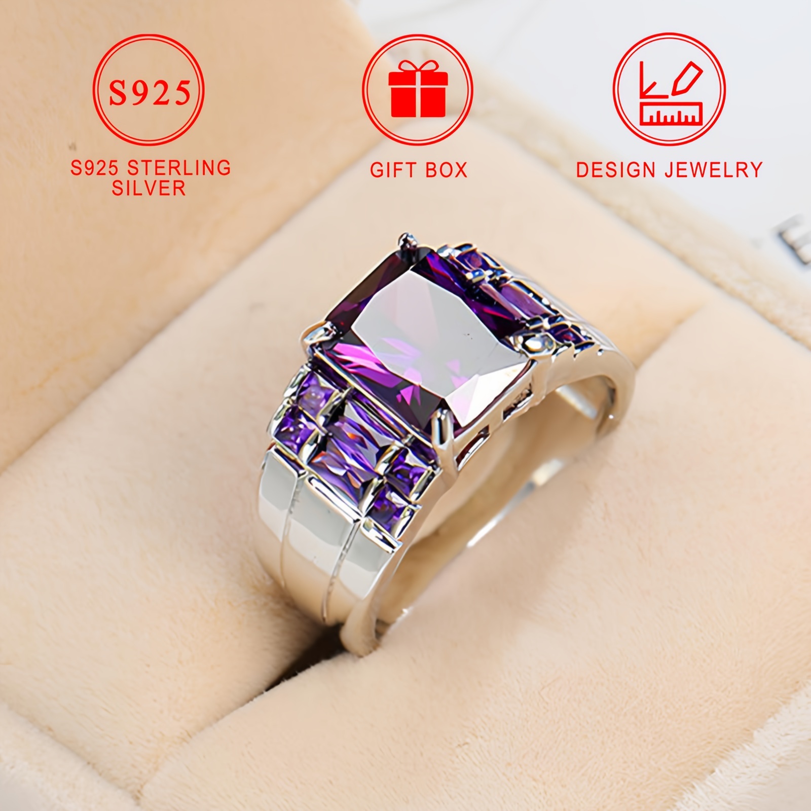 

Elegant Luxury 925 Sterling Silver Ring, Purple Synthetic Zirconia, Silver Plated, Hypoallergenic Nickel-free, With Gift Box Included For Engagement, Wedding, Anniversary, Thanksgiving Day Gift, All