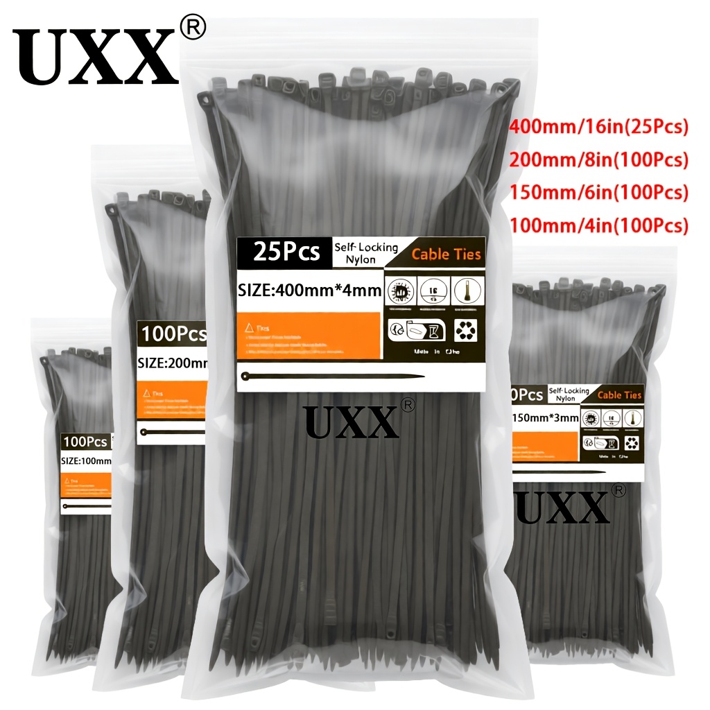 TEMU 325-400pcs Heavy Duty Black And White Plastic Nylon Cable Ties/zipper Ties/bundling Ties - (40/35/30/20/15/10cm - 16/14/12/8/6/4 Inches) - Sun
