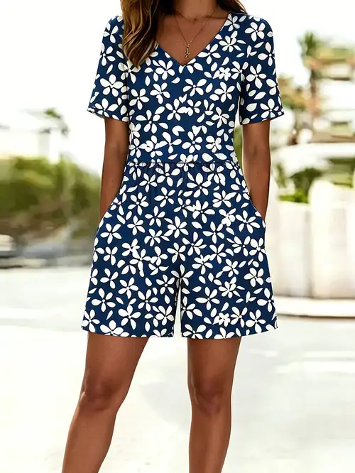summer ladies dress shorts jumpsuit Womens Summer Short Rompers Tie Front Jumpsuit Casual V Neck Wide Leg Beach Overalls
