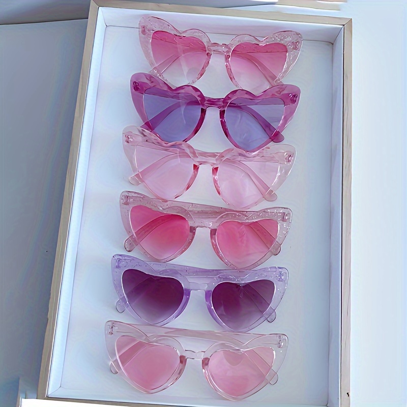 

6pcs Heart-shaped Transparent Pink Glasses Set, Sparkling Plastic Frames, Uv Protection, Fashionable Accessories For Street Style, Birthday Party, Wedding, Bridesmaid Gifts, Women's Novelty Eyewear