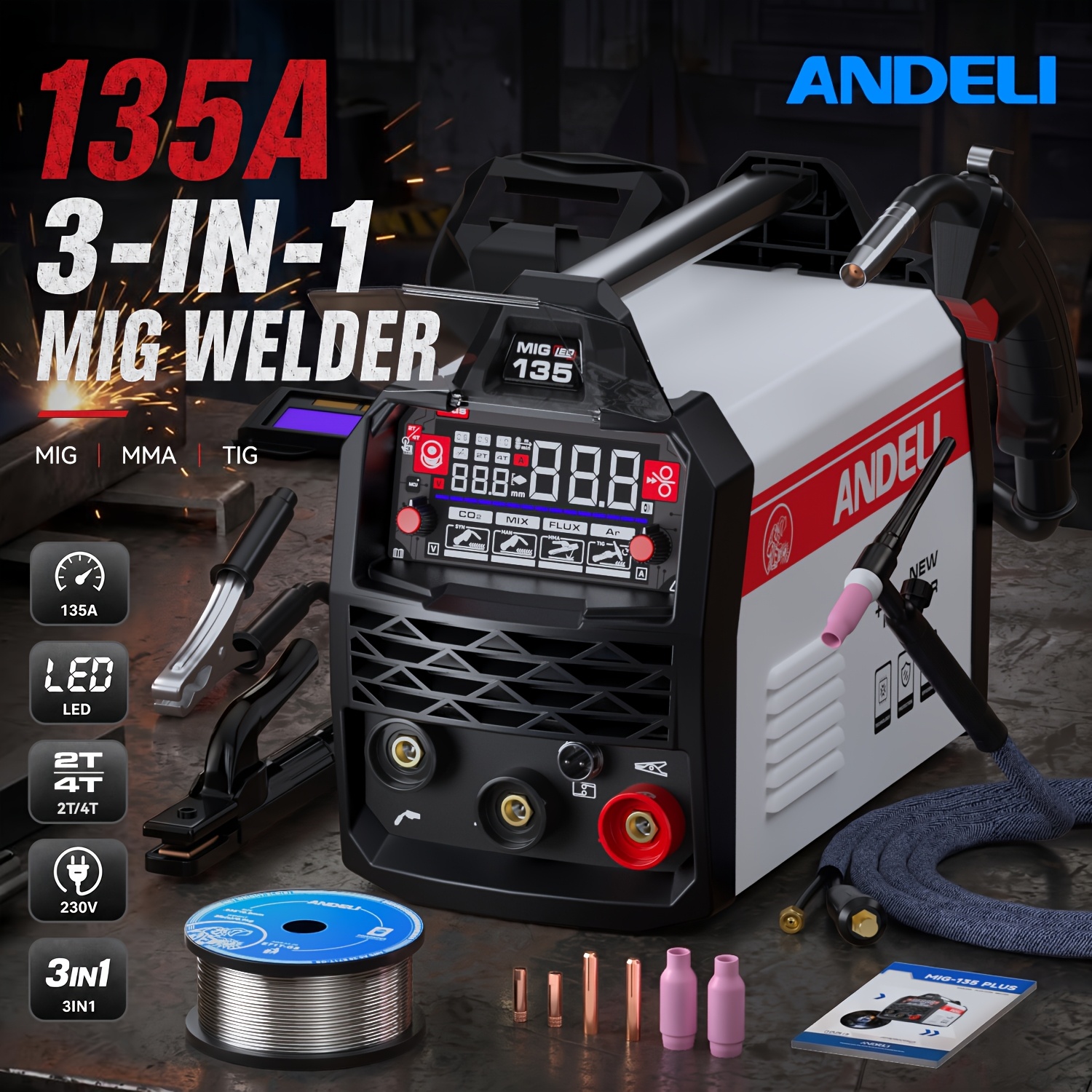 Image of Andeli 135 Amp 230v Single Voltage Portable Flux Core Mig Welder, 3-in-1 Igbt Inverter Welder, With Led Digital Display, Supports Flux Core Mig/ Tig/ Stick Welding, Equipped Torch