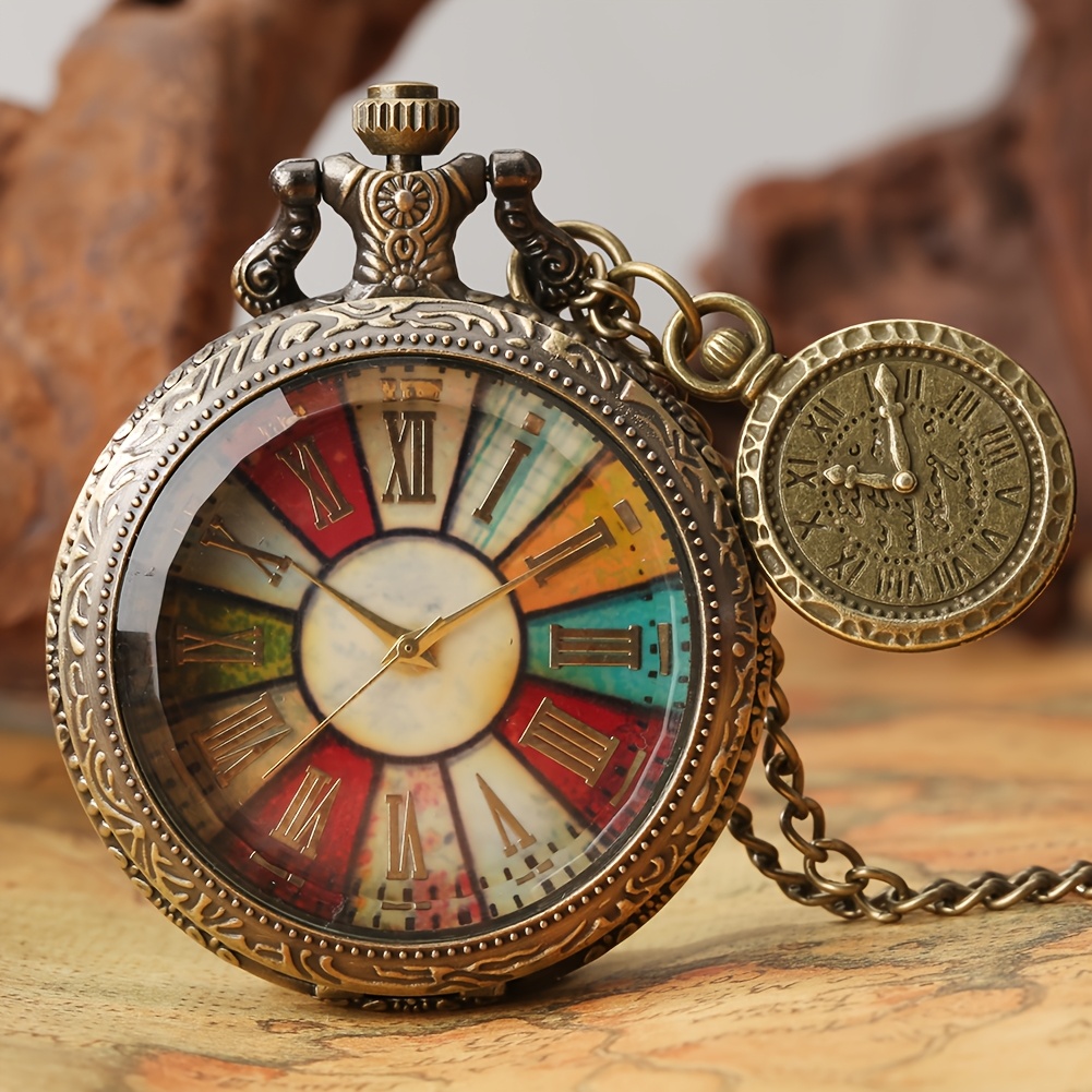 TEMU Vintage Stained Glasses Charm Quartz Pocket Watch Rome Fashion Necklace Stainless Steel Watch Souvenir Gift
