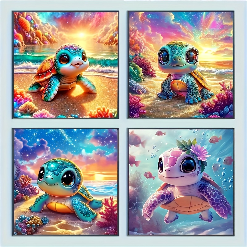 Image of 4pcs Set Of Vibrant Turtle Diamond Painting Kits - 20x20cm Diy Round Acrylic Diamonds, Perfect For Hangings And Animal Art