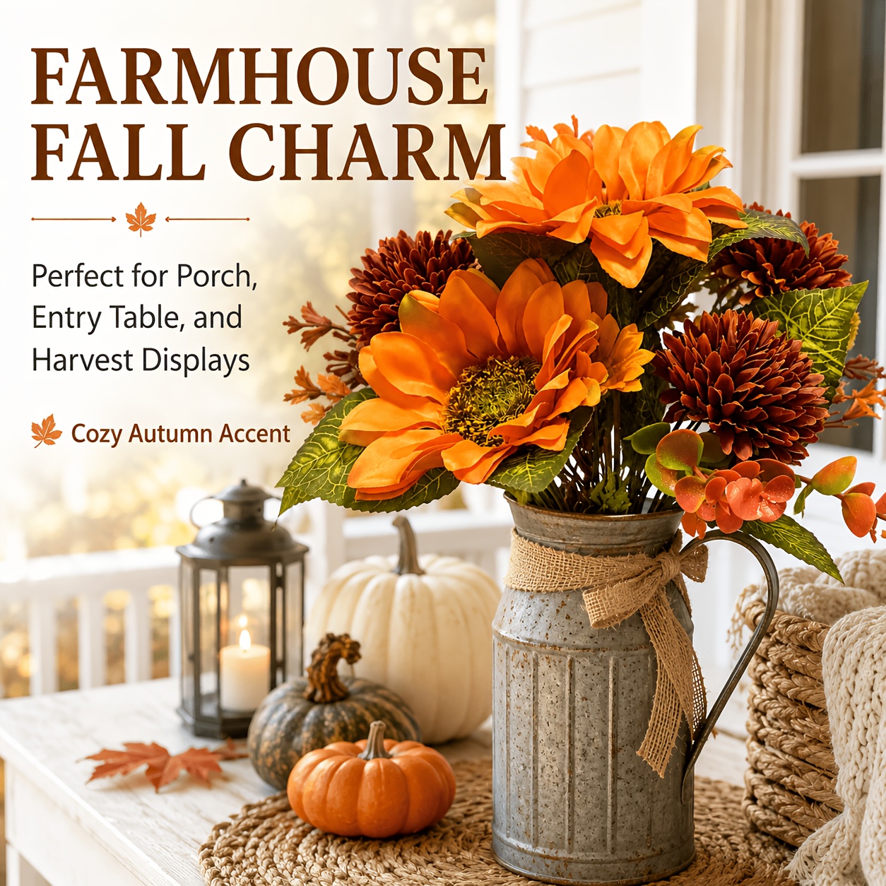 Image of Warm Orange Autumn Artificial Flower Arrangement, Featuring Sunflowers, Dark Brown Chrysanthemums, , And Eucalyptus, In A Richly Layered Style. Suitable For Porch Decor, Mantels