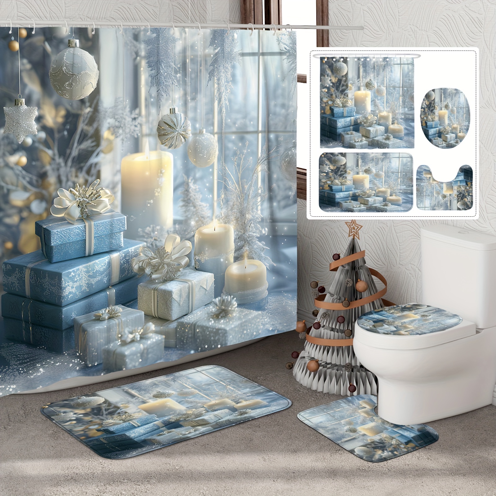 

Christmas Winter Shower Curtain Set - Waterproof & Washable Polyester With Blue & Silvery Christmas Ball Design, Includes 12 Hooks, Non-slip Bath Mat, And U-shaped Toilet Lid Cover - Decor (1/4pcs)