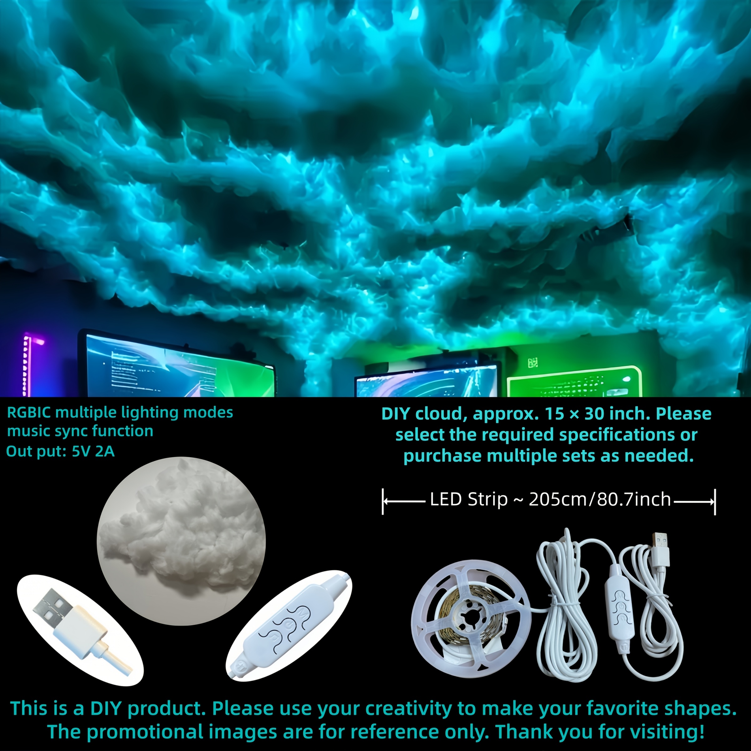 TEMU Grande lampe nuage de 3D, bandes lumineuses LED intelligentes à synchronisation pour ambiance de salle de jeux, lampe de chevet de chambre à