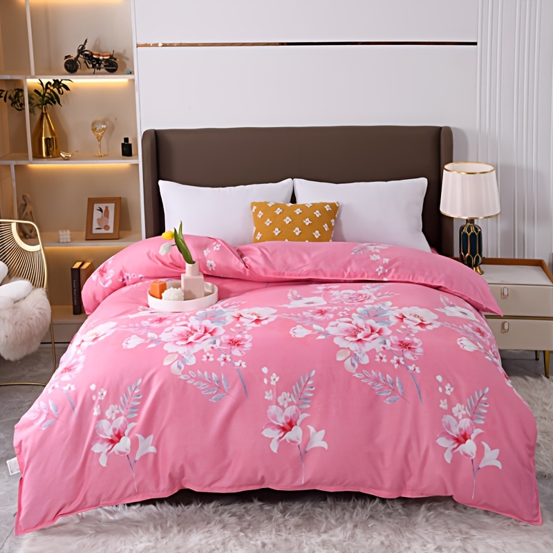 TEMU 1pc Printed Duvet Cover (single Duvet Cover) With Floral Pattern In Pink, Made Of Polyester, Featuring Reactive Dyeing, Skin-friendly , Machine